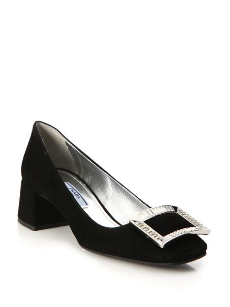 prada black buckle pumps with